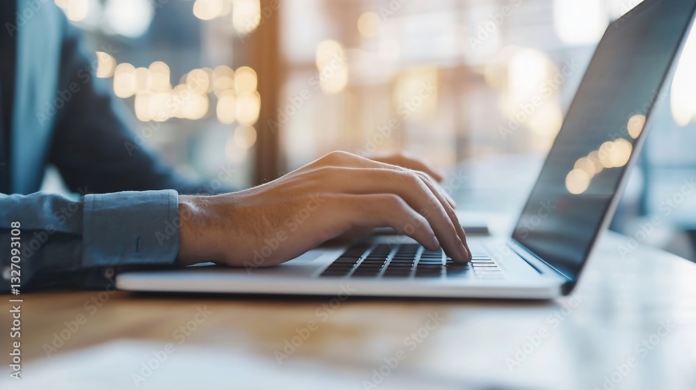 Poster Close up view of a person typing on a laptop in a modern workspace filled with natural light : Generative AI