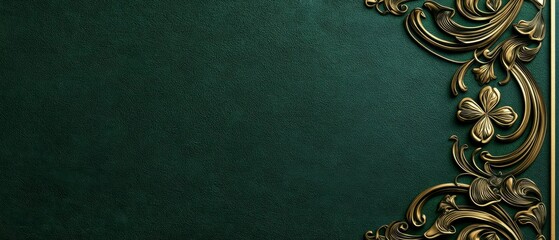 Ornamental Clover Emblem Border on Deep Emerald Green Surface Decorative Arts Background Design