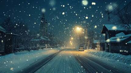 Snow falls on the highway in winter. Selective focus.