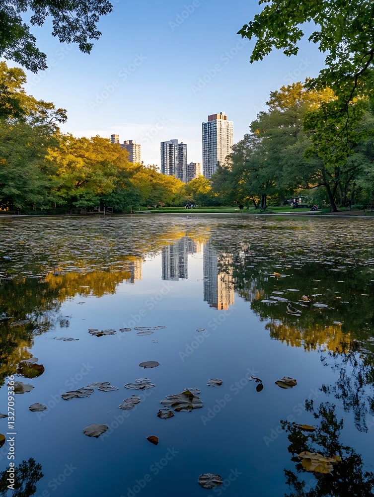 Poster tranquil park scene reflecting city skyscrapers in still pond surrounded by colorful trees : generat