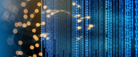 Abstract blue digital code streams down, overlaid with blurred golden bokeh lights, suggesting data flow and technological innovation