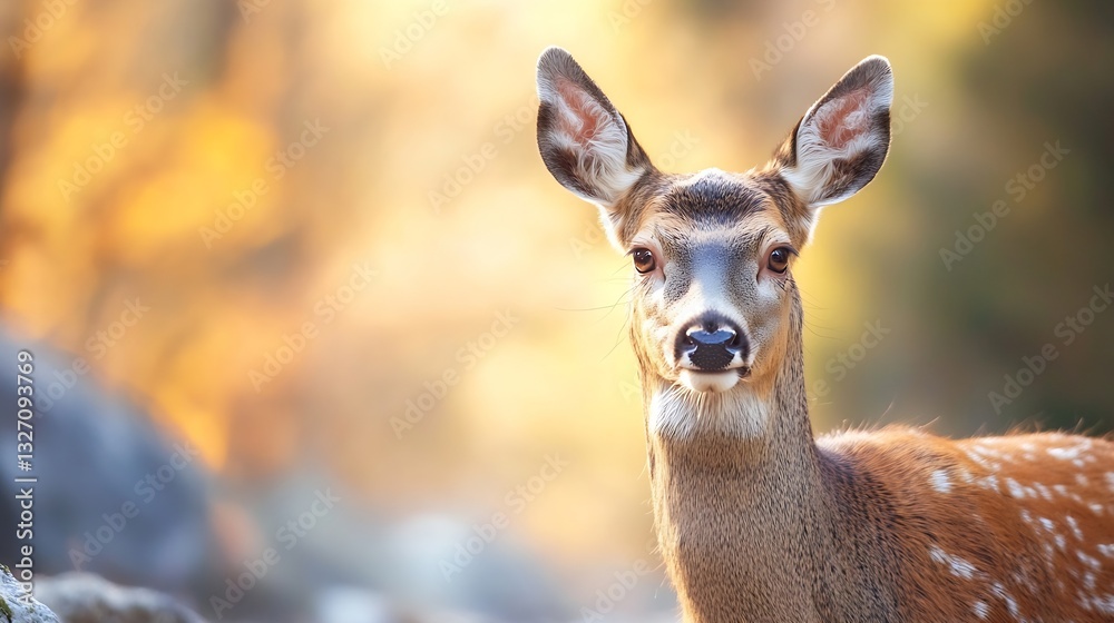 Poster Graceful young deer in a vibrant forest setting with soft bokeh background highlights : Generative AI