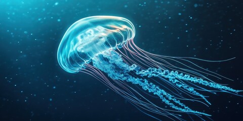 A solitary luminous jellyfish swims gracefully within the deep ocean
