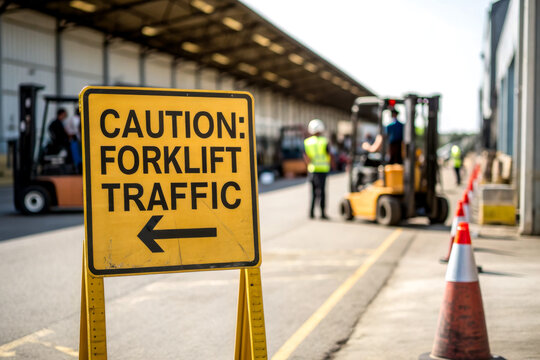 A warning sign indicating caution for forklift traffic, with workers and forklifts visible in a warehouse environment.