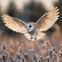 Barn owl hunting frosty field sunrise