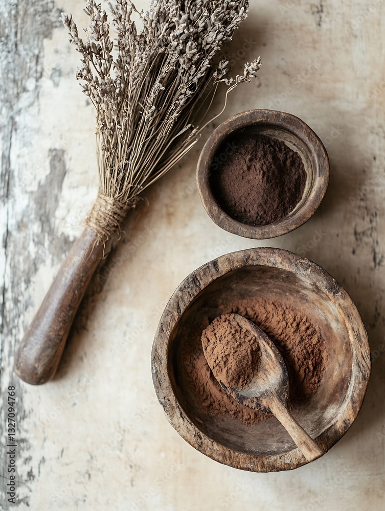 Aufkleber natural herbs and spices in rustic wooden bowls with dried lavender on a textured background : gener