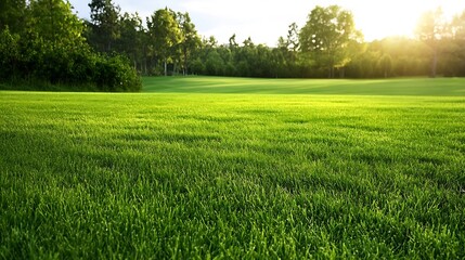 Vibrant Green Grassfield Bathed in Soft Evening Light Highlighting the Beauty of Nature and Serenity : Generative AI