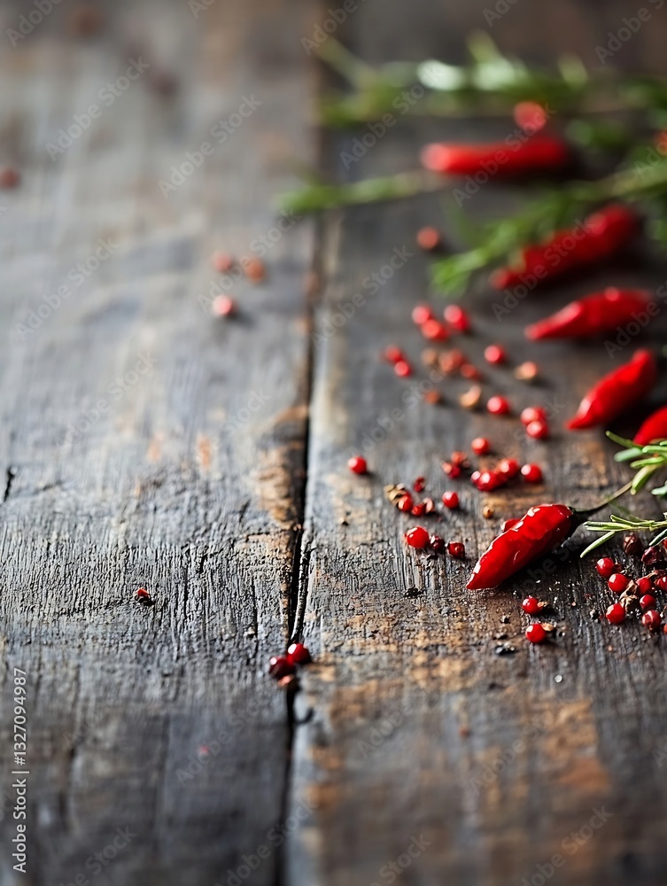Aufkleber Spicy Red Chilies and Pepper Seeds Scattered on Weathered Wooden Table in a Rustic Setting : Generative AI