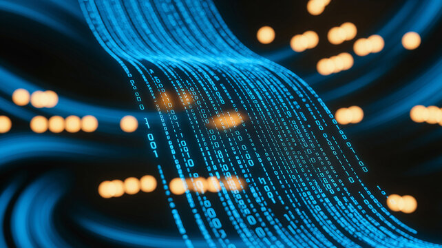 Abstract image of blue binary code flowing, with blurred orange lights in the background, suggesting data stream or digital flow, symbolizing technology, innovation and connectivity