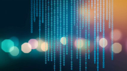 Abstract background with blue binary code cascading over blurred bokeh lights, suggesting digital data flow and technological innovation