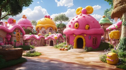 Candy cupcake village sunny day whimsical background children's book