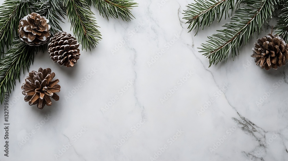Poster beautiful winter composition featuring pine cones and evergreen branches on a marble background : ge