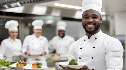 Culinary Harmony: A skilled chef radiates pride, presenting an exquisite dish within a bustling restaurant kitchen, surrounded by a collaborative team and the promise of a memorable dining experience.