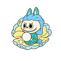 Labubu Mermaid vector illustration blue with pearl oyster