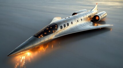 Futuristic jet aircraft on water, innovative design, futuristic concept, high tech