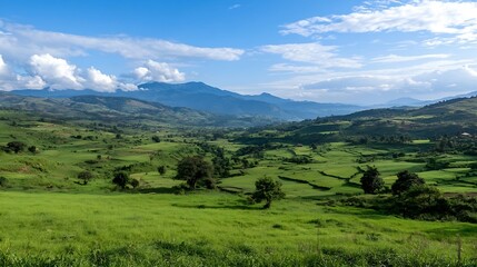 Breathtaking panoramic view of lush green fields under a bright blue sky with mountain scenery in the background : Generative AI