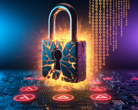 Burning, cracked padlock on circuit board background, binary code falling, symbolizing data breach, cybersecurity vulnerability, digital risk - Powered by Adobe