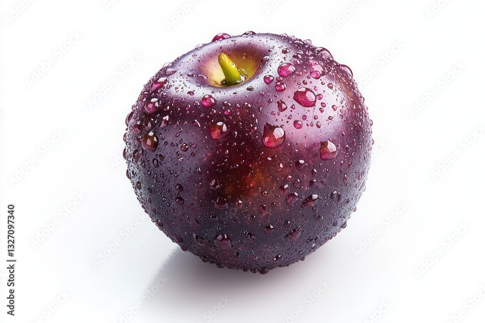 Poster Close up of a fresh plum in a bright setting showcasing texture color and water droplets giving a refreshing look
