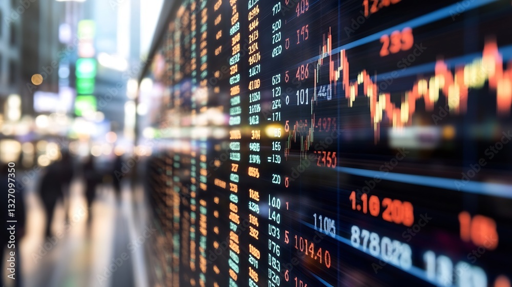 Poster Trends in Financial Data Showcased on a Digital Display at a Busy Stock Exchange : Generative AI