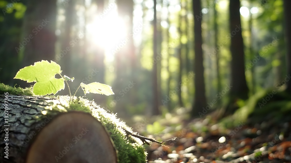 Poster sunlight filtering through lush green forest with a small plant growing on a fallen log capturing na