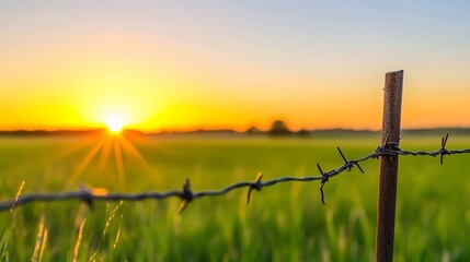 Fototapeta premium Serene sunset over a green field with barbed wire fence in the foreground, evoking tranquility