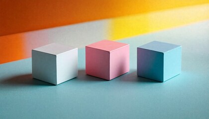 Obraz premium Three small cubes sit on a multicolored surface, with two white and pink cubes facing forward and one pastel blue cube facing backward.