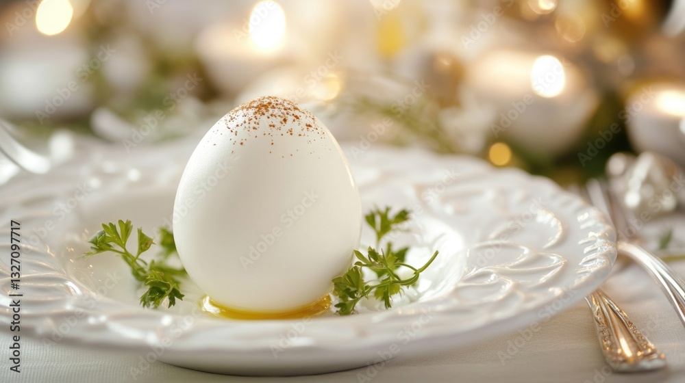 Poster a simple breakfast or snack setting featuring a white plate topped with a hard-boiled egg