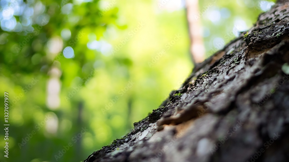 Poster closeup of a tree trunk in a lush forest highlighting the natural textures and fresh greenery of the
