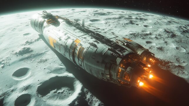 Spaceship Flying Over the Moon with Engines Firing. Generative AI - Powered by Adobe