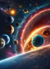 an abstract illustration of a galaxy full of planets, colorful universe, stars, generative AI