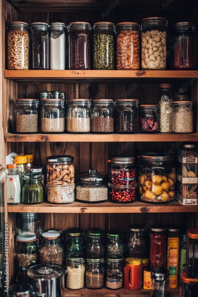 Poster Wooden shelf stocked with various types of food for storage and display