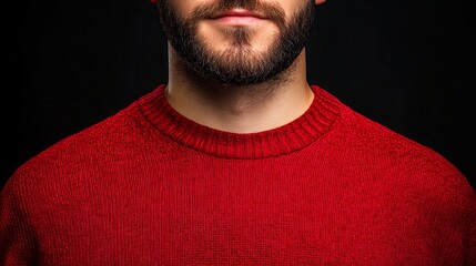Fototapeta premium Close-up of a man's neck and chest, showcasing a textured red sweater against a dark background.