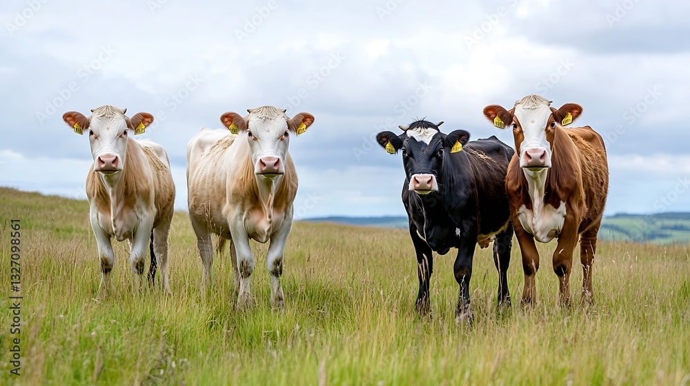 Poster four cows standing together in a lush green field under a cloudy blue sky displaying farm life : gen