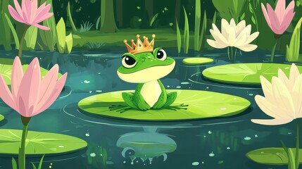 Charming frog prince in enchanted pond with blooming water lilies, perfect for fantasy themes or children's story illustrations