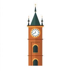 A stylized illustration of a clock tower with a green pointed roof and a clock face displaying the time. The tower has arched windows and a brick-like structure.