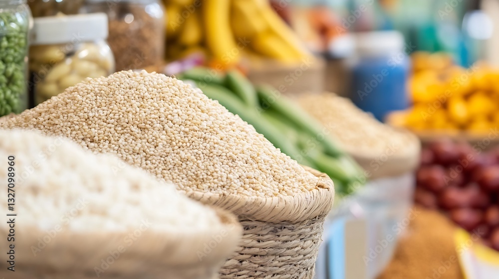 Poster assorted grains and seeds displayed in woven baskets at a vibrant market showcasing fresh produce : 