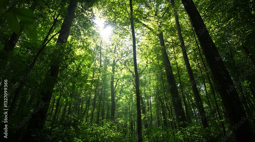 Poster sunlight streaming through lush green trees in serene forest landscape : generative ai