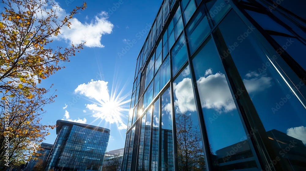 Poster modern glass buildings reflecting bright blue sky with fluffy clouds in a clear day showcasing archi