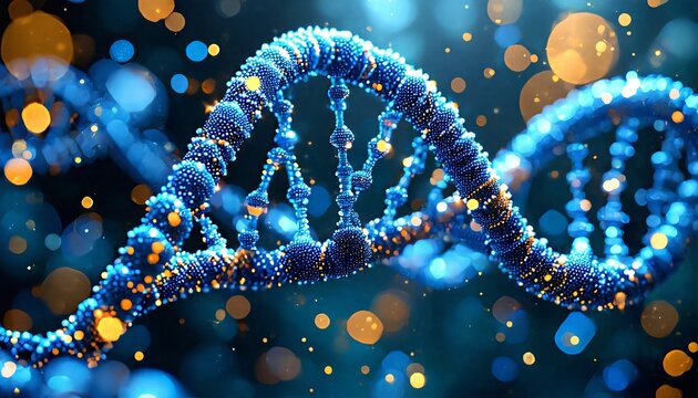 a dna double helix with blue and orange bokeh lights.