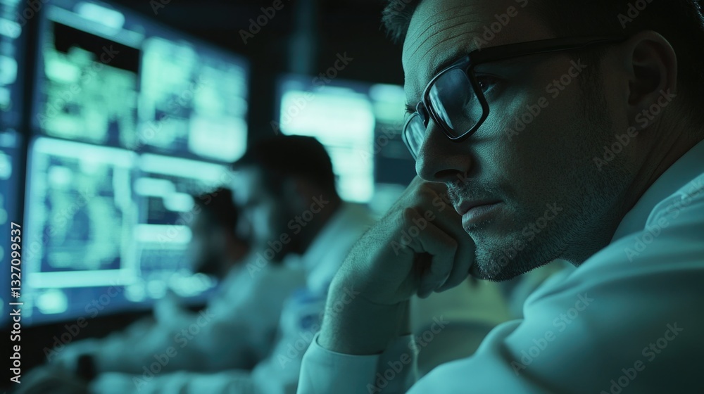 Poster a person sitting in front of a computer screen, focused on work