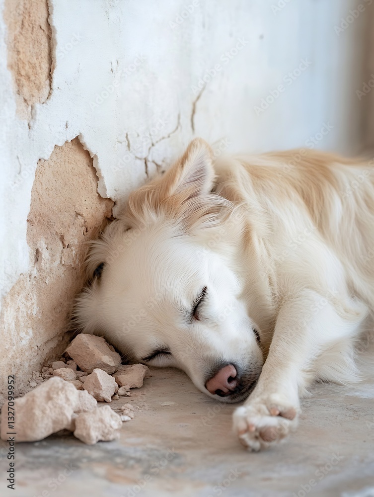 Poster cute fluffy dog resting peacefully with its head on a rocky surface in a calm indoor environment : g