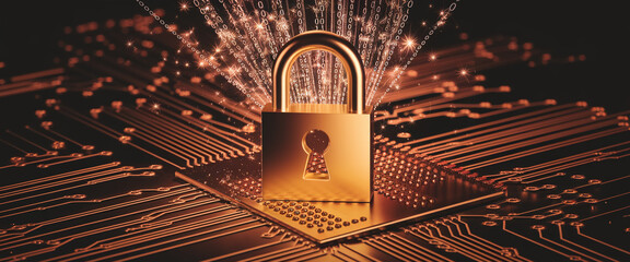 Golden padlock on circuit board, binary code streams upward, symbolizing data security, digital protection, and cybersecurity