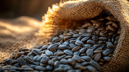 Obraz premium Pile of Sunflower Seeds Spilling From a Rustic Burlap Sack