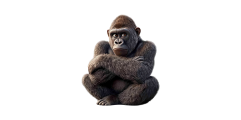 Gorilla Sitting With Arms Crossed. Contemplative Expression Isolated On Transparent Background