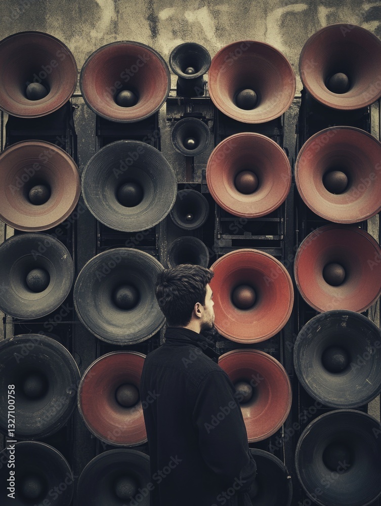 Poster A person stands in front of a large array of speakers, possibly at an event or concert