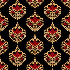 Elegant Crest Pattern: Seamless Red and Gold Design on Black, Ideal for Backgrounds and Textiles