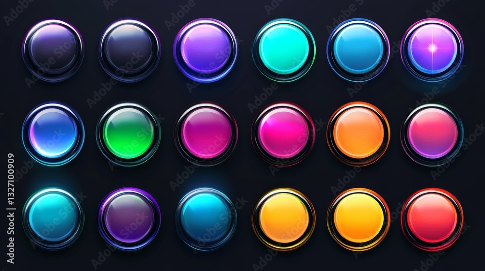 Wall mural colorful glossy buttons set on dark background for digital design and interface