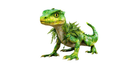 Green Fantasy Dinosaur With Leafy Texture. Imaginative Creature Design Isolated On Transparent Background