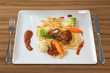 italian beef roulades with winter vegetables and pasta