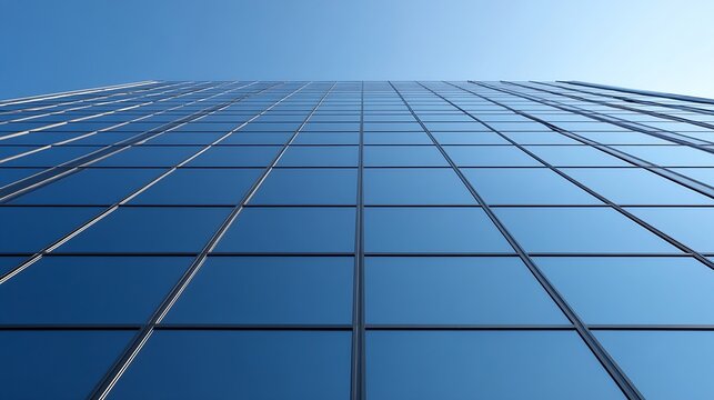 Looking up at a modern glass skyscraper reflecting a clear blue sky showcasing urban architecture and design : Generative AI